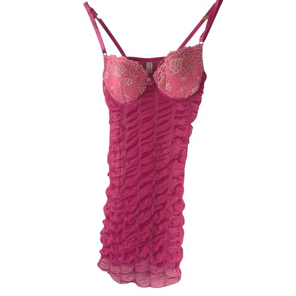 Diana Secret Pink Ruched Lingerie Mini Dress 36C Bra Sparkly Sheer Stretch J832 - Picture 1 of 14